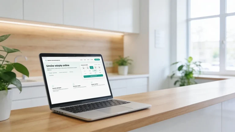 Strona internetowa dla gabinetu stomatologicznego z kalendarzem rezerwacji online, otwarta na laptopie w recepcji