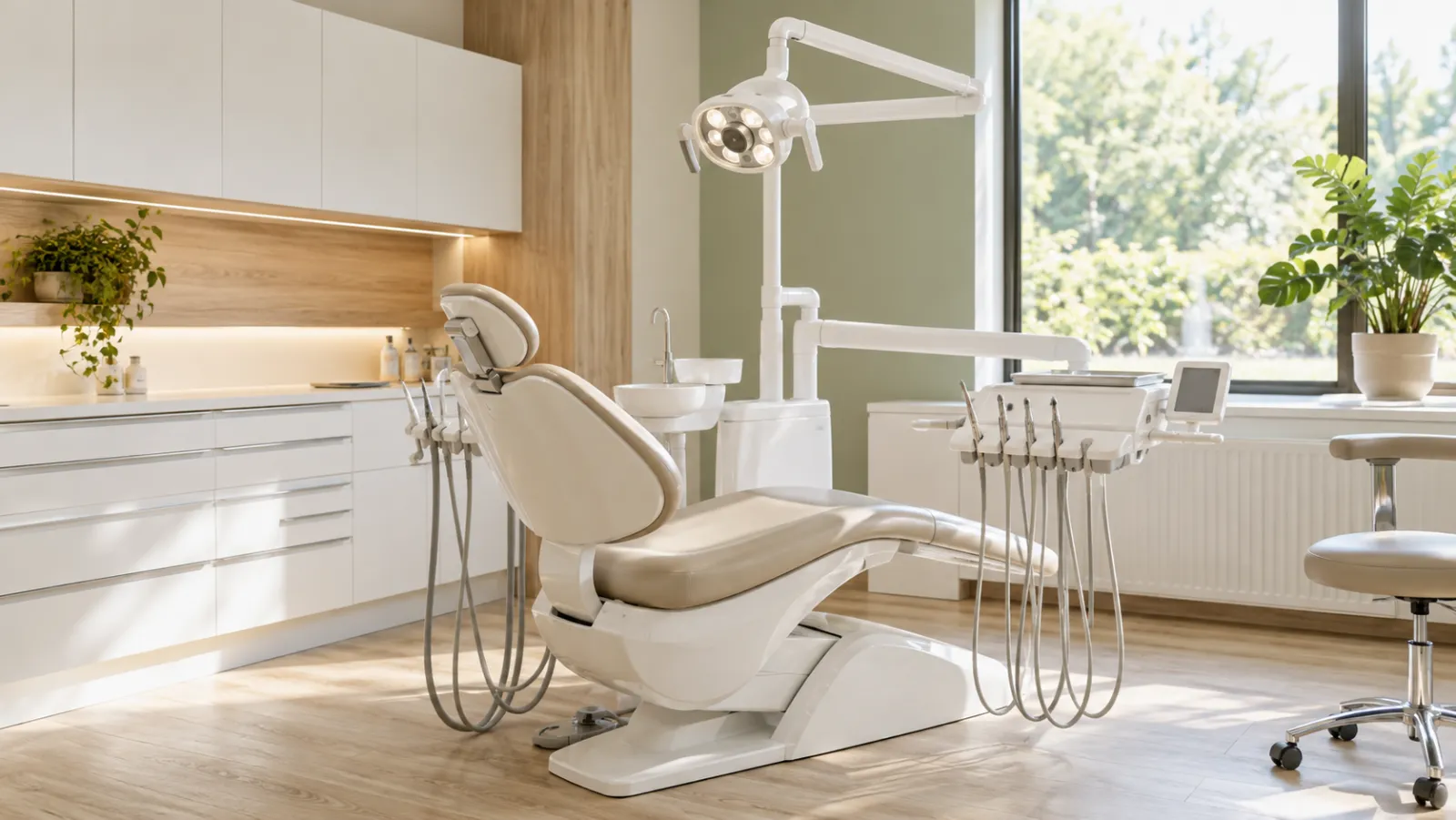 Jasne wnętrze gabinetu stomatologicznego z fotelem dentystycznym — ilustracja do strony dla dentysty