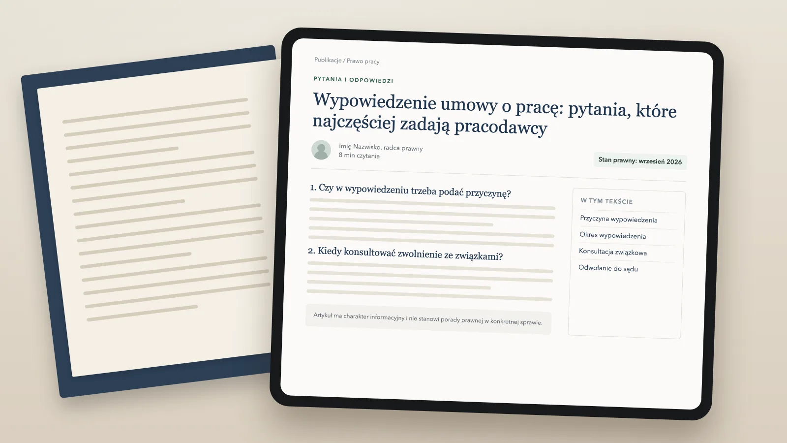 Artykuł ekspercki na stronie radcy prawnego wyświetlony na tablecie, z datą stanu prawnego i zastrzeżeniem