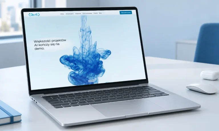 Strona internetowa DevMS na ekranie laptopa stojącego na jasnym biurku w biurze