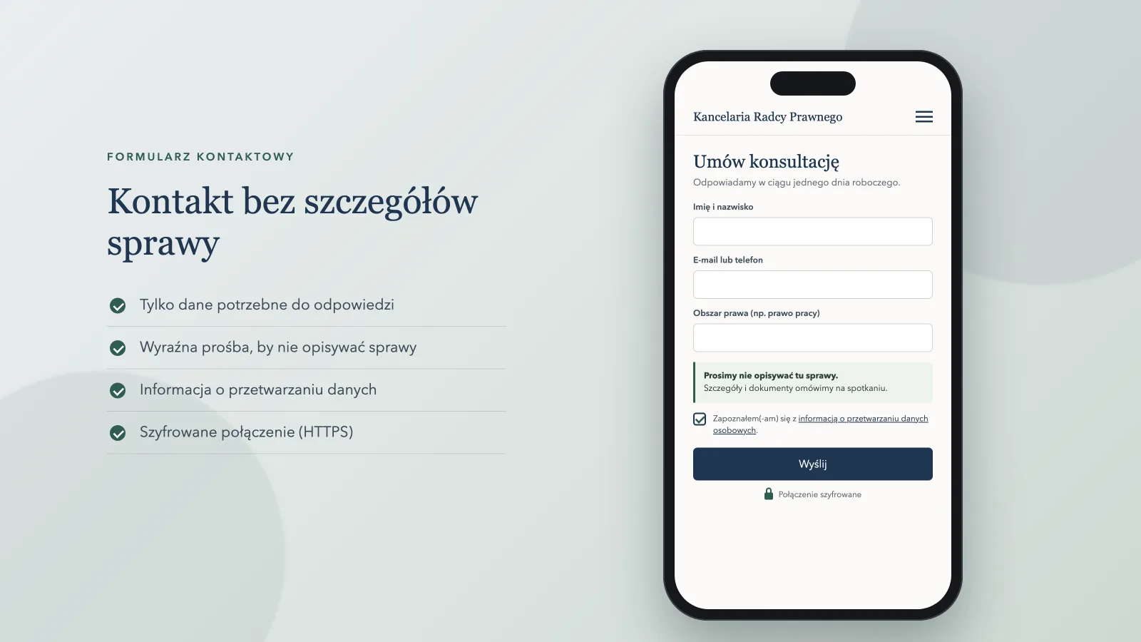 Formularz kontaktowy kancelarii radcy prawnego na smartfonie z prośbą, by nie opisywać szczegółów sprawy