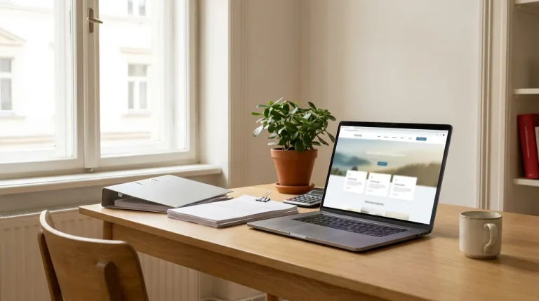 Strona internetowa dla biura rachunkowego otwarta na laptopie, obok segregator, plik dokumentów i kalkulator