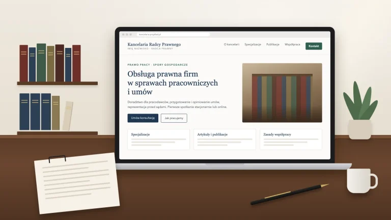 Strona internetowa dla radcy prawnego na laptopie: menu z obszarami praktyki, publikacjami i kontaktem, obok książki prawnicze