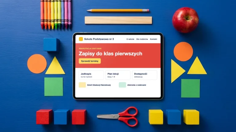 Tablet ze stroną internetową szkoły podstawowej, wokół kredki, ołówek, linijka, jabłko, papierowe figury i klocki na niebieskim blacie