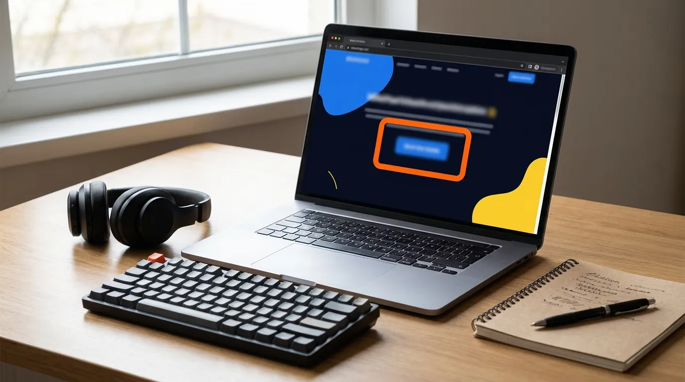 Laptop z widocznym obramowaniem fokusu wokół przycisku, klawiatura i słuchawki przygotowane do testu dostępności strony szkoły